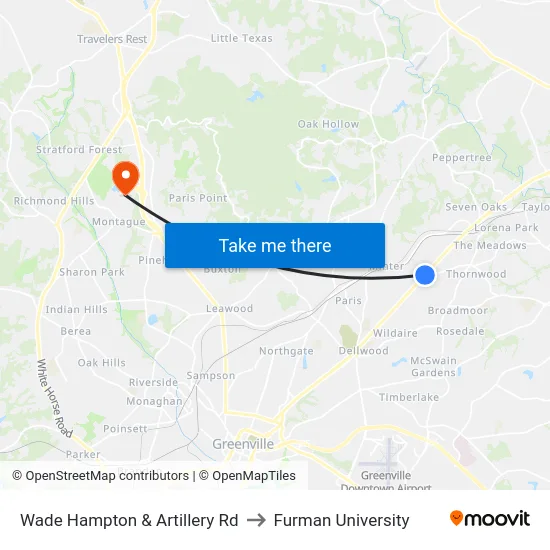 Wade Hampton & Artillery Rd to Furman University map