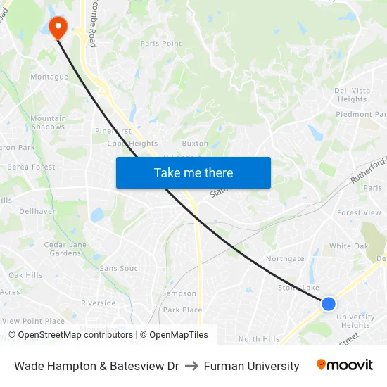 Wade Hampton & Batesview Dr to Furman University map