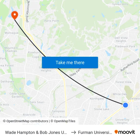 Wade Hampton & Bob Jones Univ to Furman University map