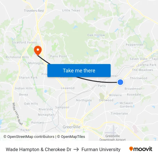 Wade Hampton & Cherokee Dr to Furman University map