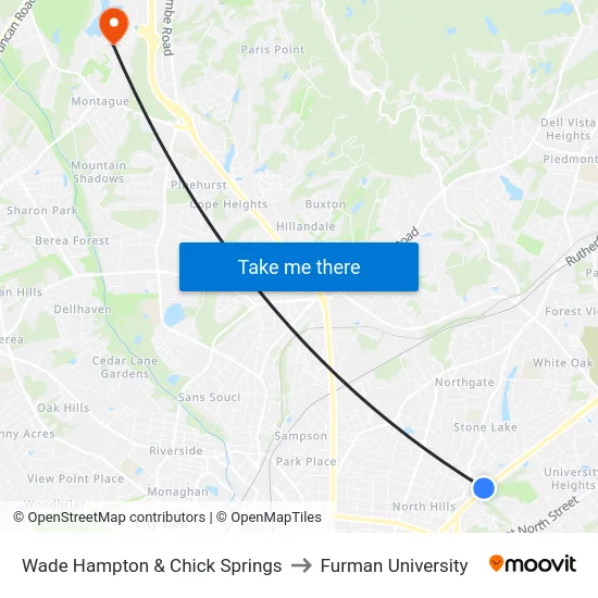 Wade Hampton & Chick Springs to Furman University map