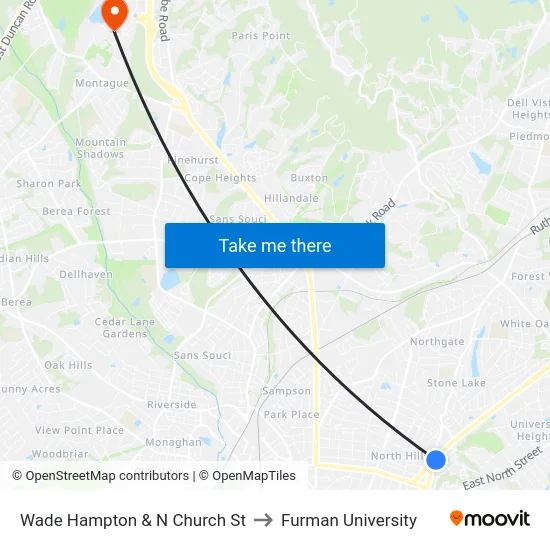 Wade Hampton & N Church St to Furman University map