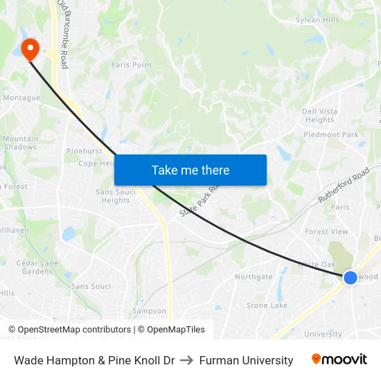 Wade Hampton & Pine Knoll Dr to Furman University map