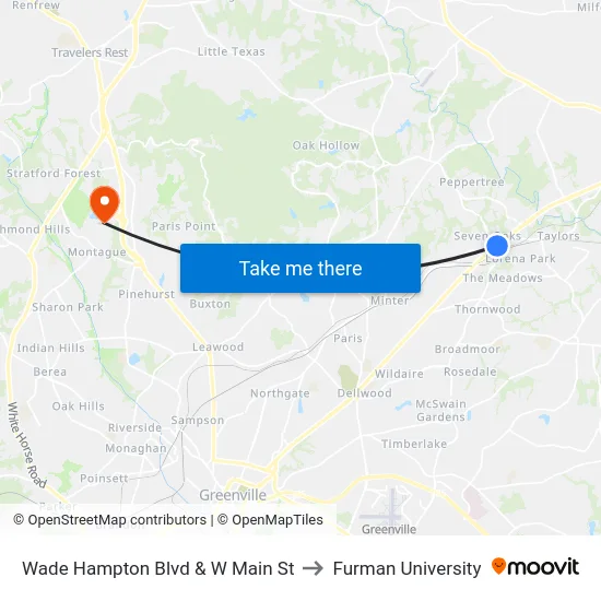 Wade Hampton Blvd & W Main St to Furman University map