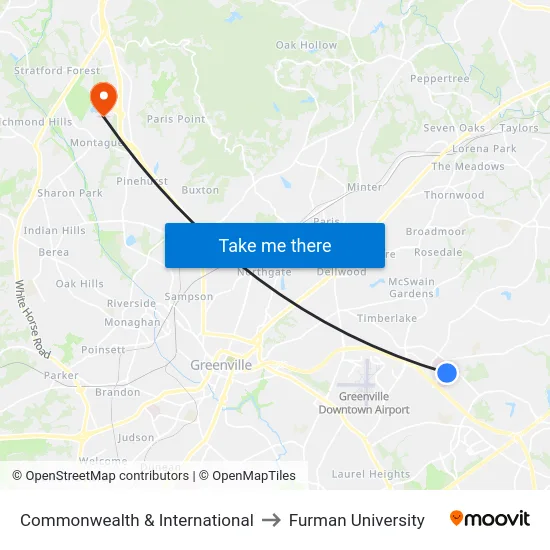 Commonwealth & International to Furman University map