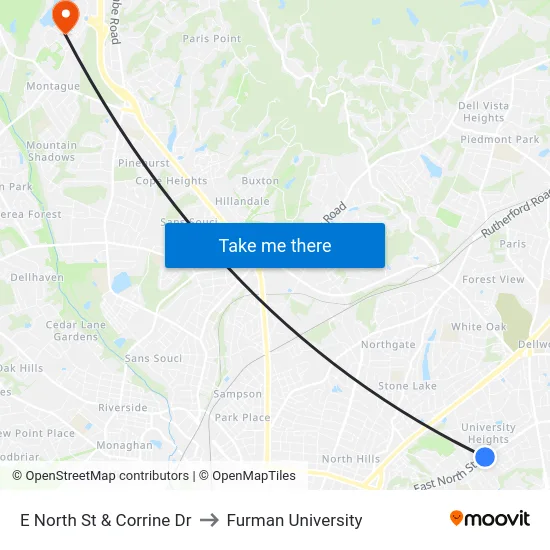 E North St & Corrine Dr to Furman University map