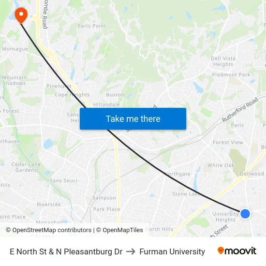 E North St & N Pleasantburg Dr to Furman University map