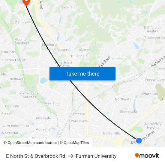 E North St & Overbrook Rd to Furman University map
