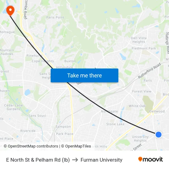 E North St & Pelham Rd (Ib) to Furman University map