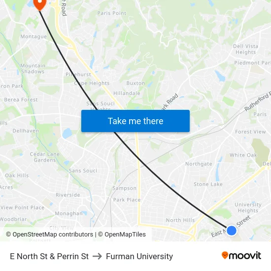 E North St & Perrin St to Furman University map