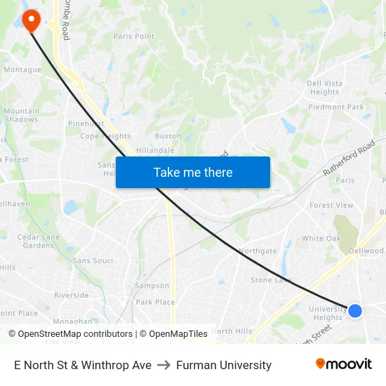 E North St & Winthrop Ave to Furman University map