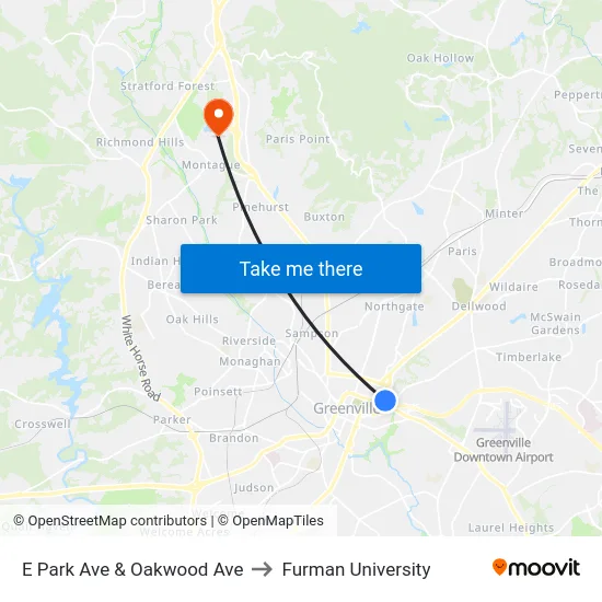 E Park Ave & Oakwood Ave to Furman University map