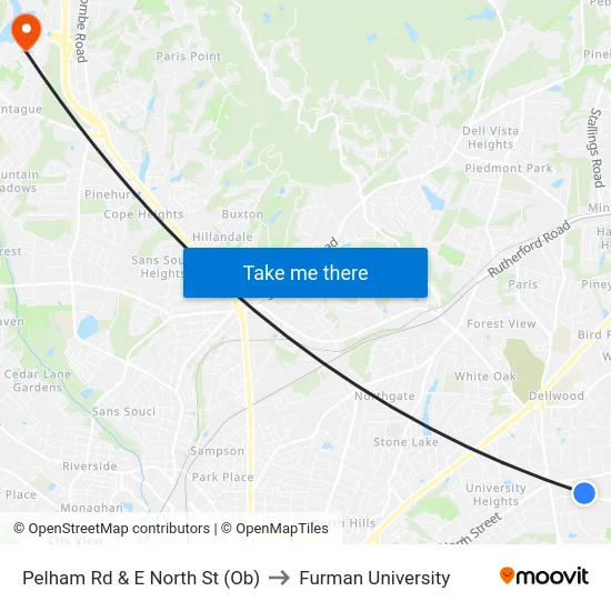 Pelham Rd & E North St (Ob) to Furman University map