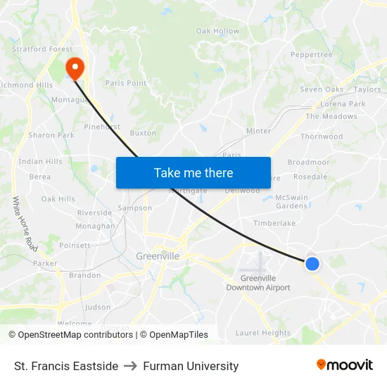 St. Francis Eastside to Furman University map