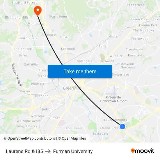 Laurens Rd & I85 to Furman University map
