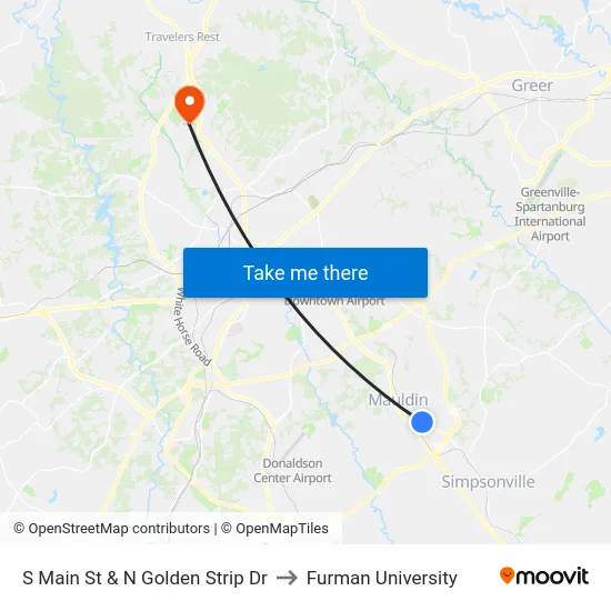 S Main St & N Golden Strip Dr to Furman University map