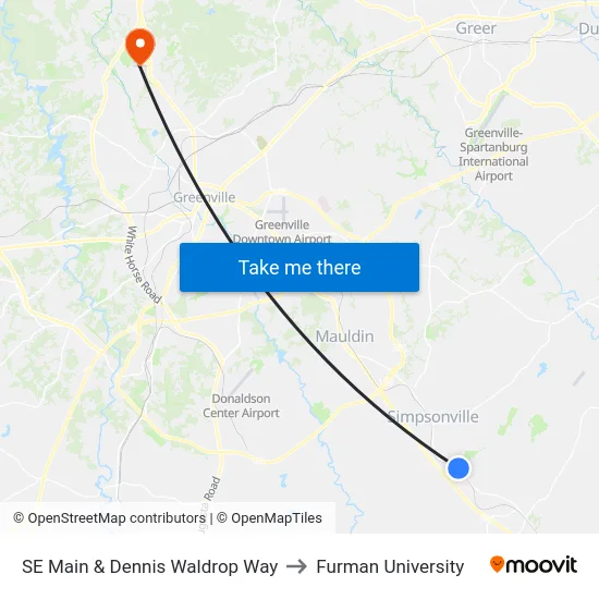 SE Main & Dennis Waldrop Way to Furman University map