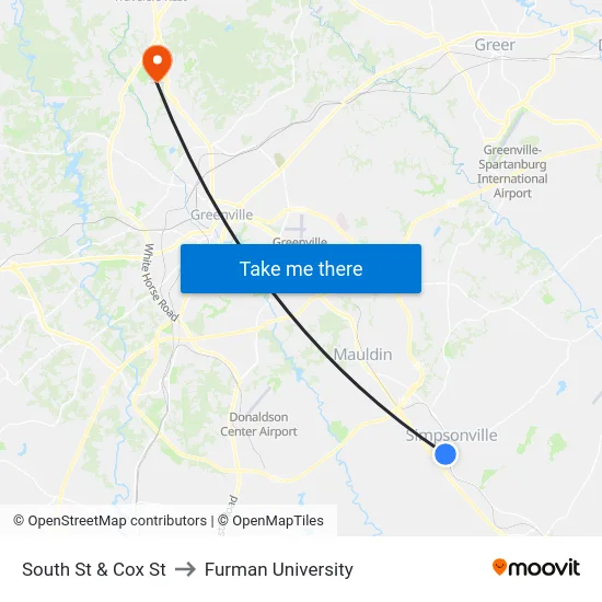 South St & Cox St to Furman University map