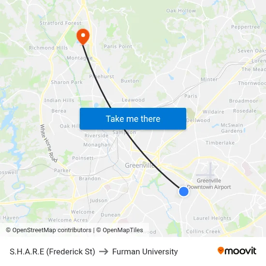 S.H.A.R.E (Frederick St) to Furman University map