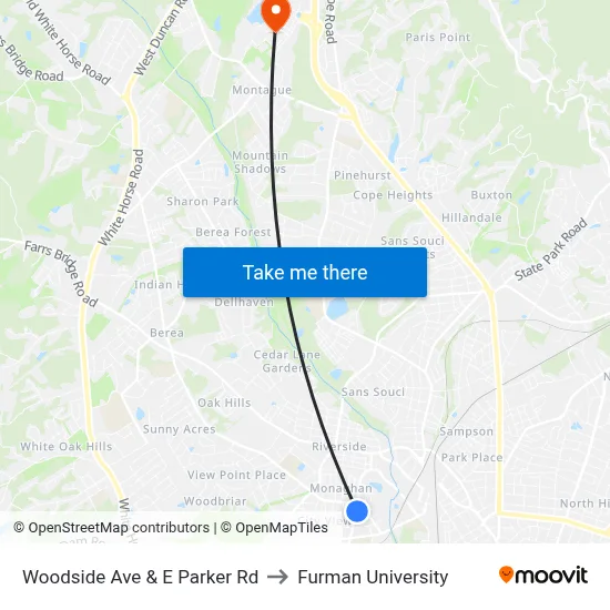 Woodside Ave & E Parker Rd to Furman University map
