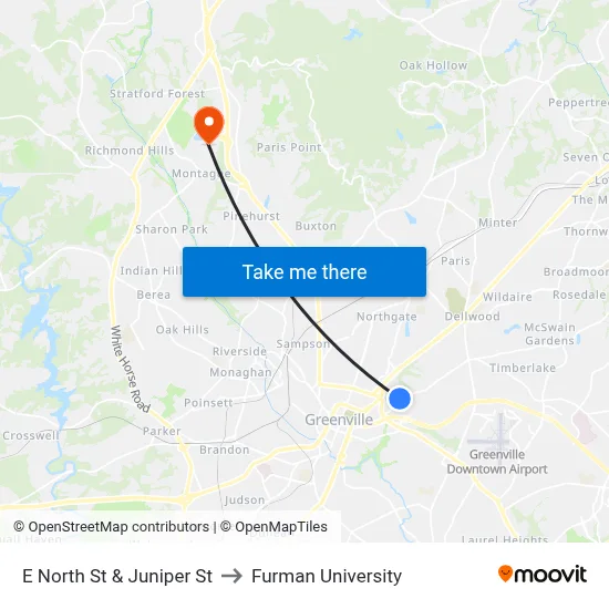 E North St & Juniper St to Furman University map