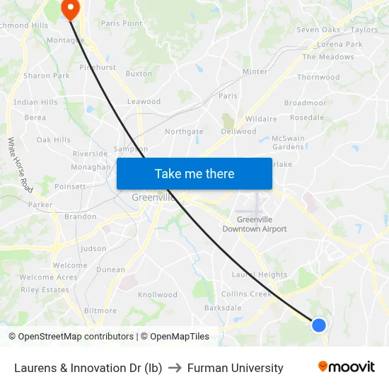 Laurens & Innovation Dr (Ib) to Furman University map