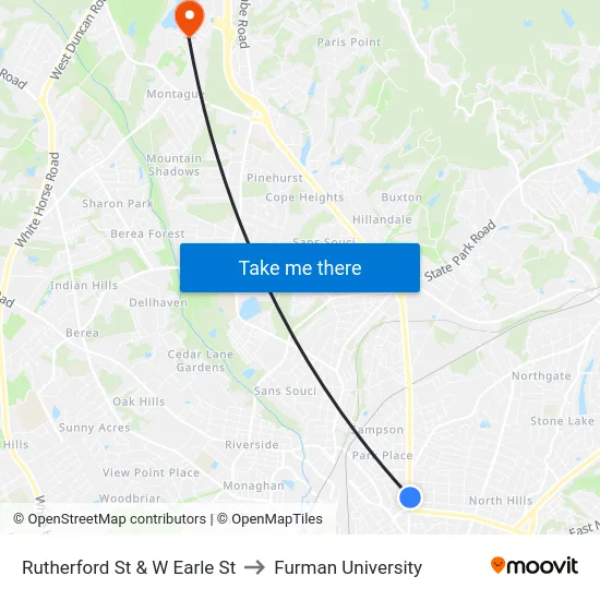 Rutherford St & W Earle St to Furman University map