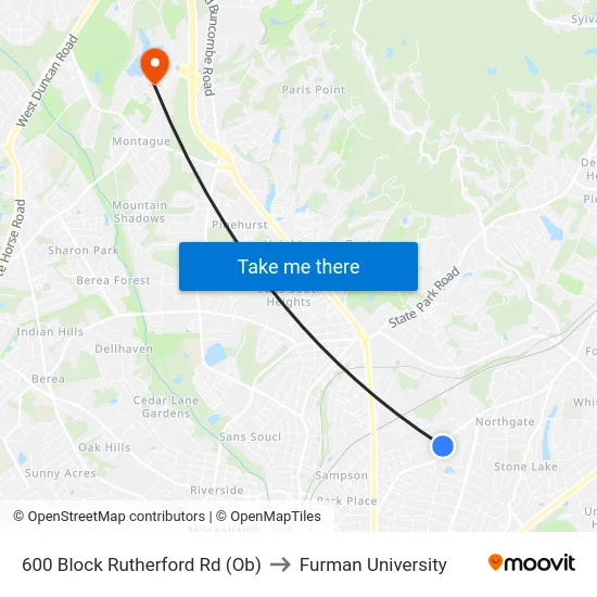 600 Block Rutherford Rd (Ob) to Furman University map