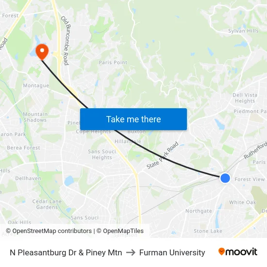 N Pleasantburg Dr & Piney Mtn to Furman University map
