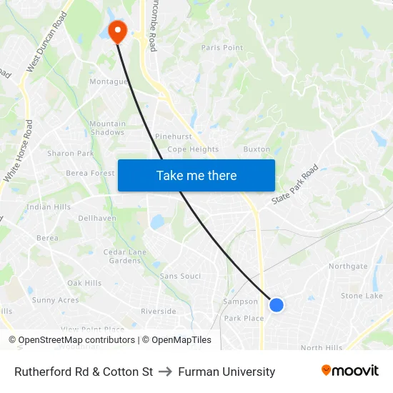 Rutherford Rd & Cotton St to Furman University map