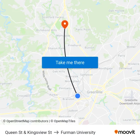 Queen St & Kingsview St to Furman University map