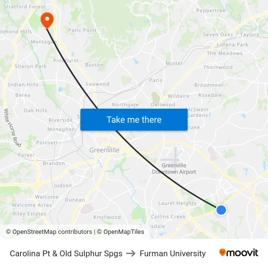 Carolina Pt & Old Sulphur Spgs to Furman University map