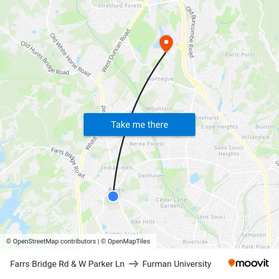 Farrs Bridge Rd & W Parker Ln to Furman University map