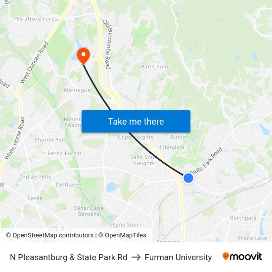 N Pleasantburg & State Park Rd to Furman University map