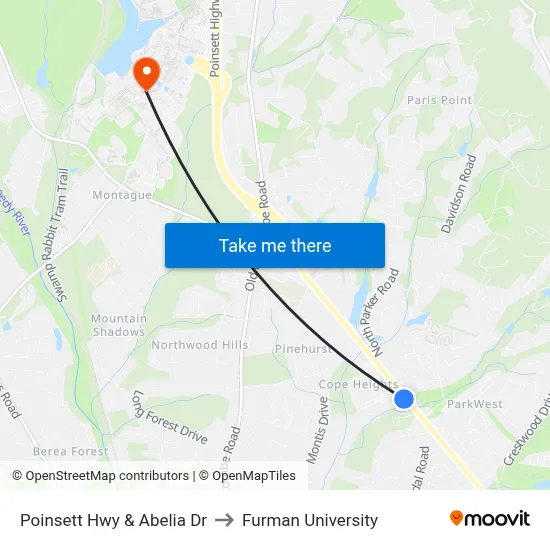 Poinsett Hwy & Abelia Dr to Furman University map