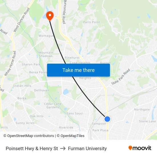 Poinsett Hwy & Henry St to Furman University map
