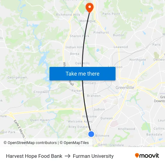 Harvest Hope Food Bank to Furman University map