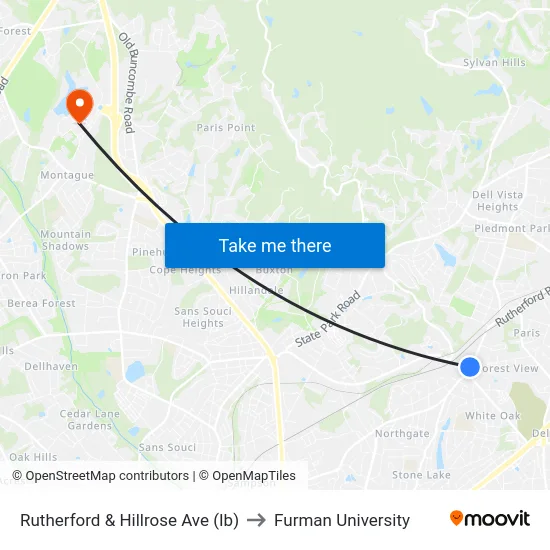 Rutherford & Hillrose Ave (Ib) to Furman University map