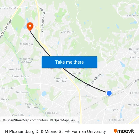 N Pleasantburg Dr & Milano St to Furman University map
