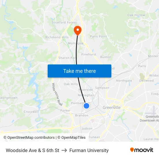 Woodside Ave & S 6th St to Furman University map