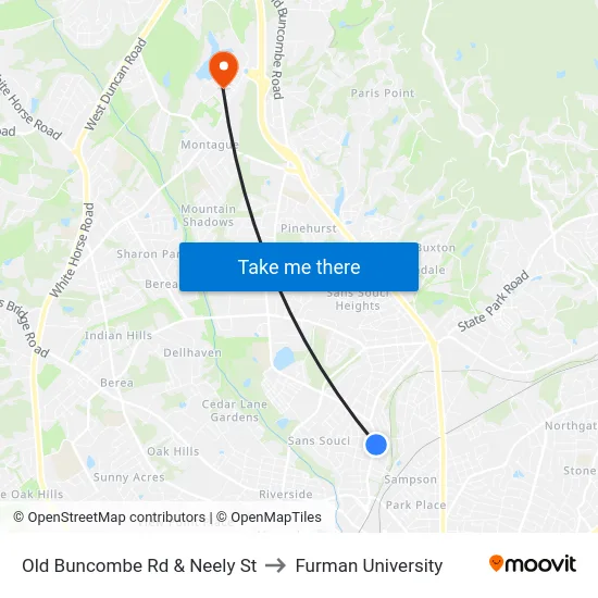 Old Buncombe Rd & Blease St to Furman University map
