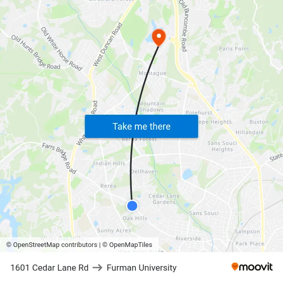 1601 Cedar Lane Rd to Furman University map