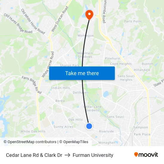 Cedar Lane Rd & Clark Dr to Furman University map