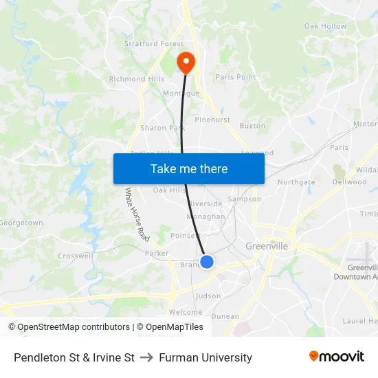 Pendleton St & Irvine St to Furman University map