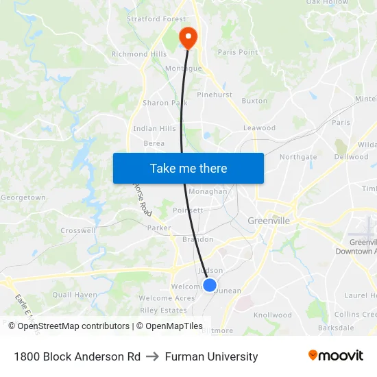 1800 Block Anderson Rd to Furman University map