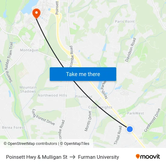 Poinsett Hwy & Mulligan St to Furman University map