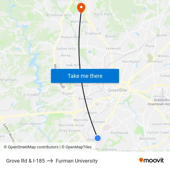 Grove Rd & I-185 to Furman University map