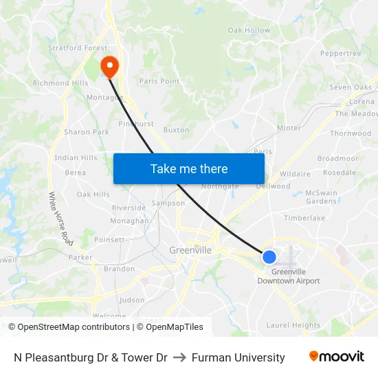 N Pleasantburg Dr & Tower Dr to Furman University map