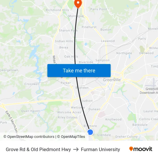 Grove Rd & Old Piedmont Hwy to Furman University map
