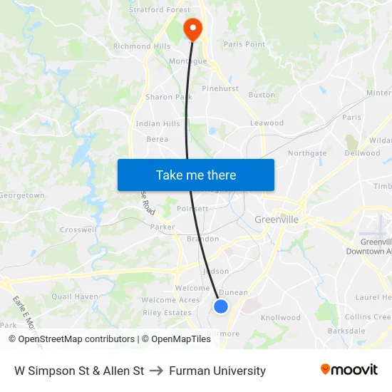 W Simpson St & Allen St to Furman University map